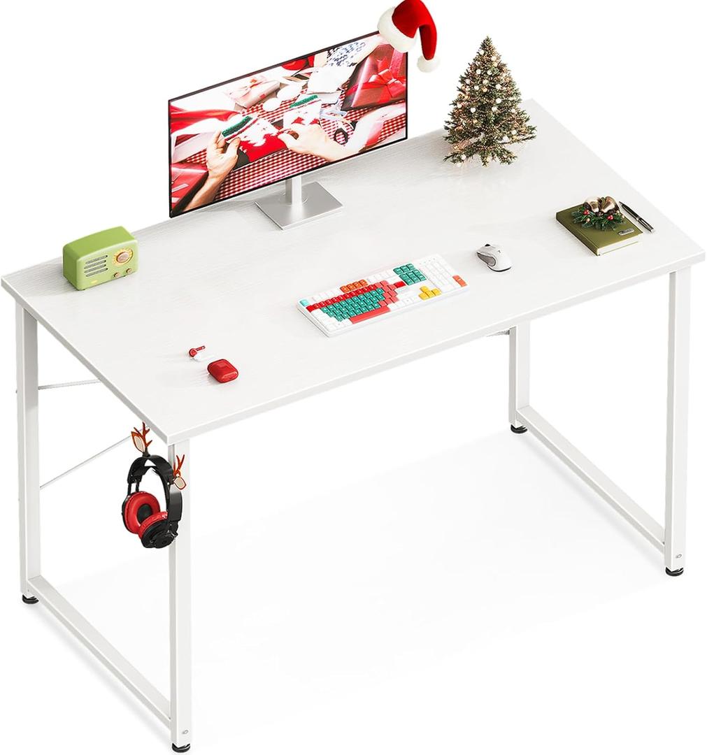 Casaottima 40 Inch Small Computer Desk for Home Office, Study Writing Table for Small Spaces, Simple Modern Desk with Headphone Hooks, White