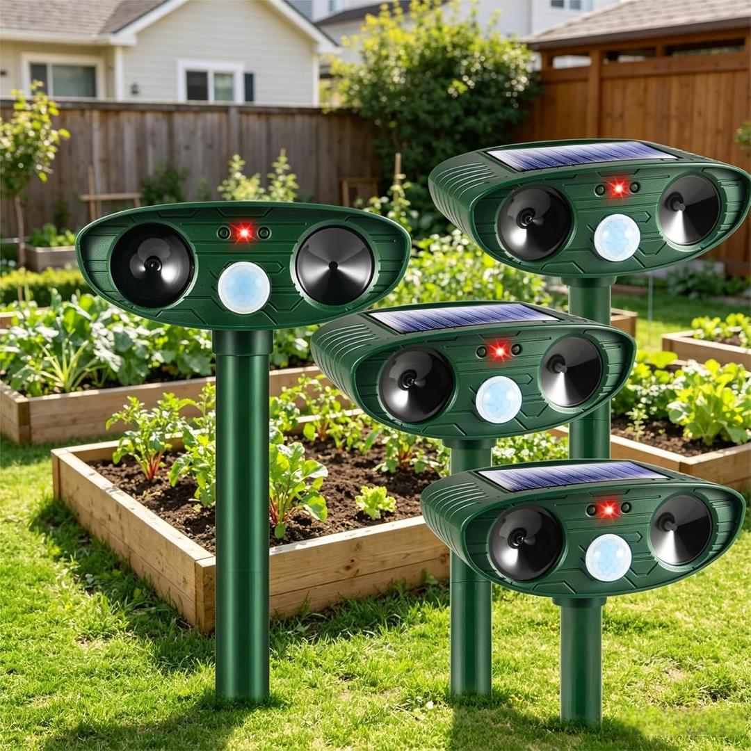 4 Pack Solar Ultrasonic Animal Repeller Outdoor Squirrel Cat Deer Repellent Devices with Motion Detector Waterproof, Effective Against Dog Skunk Rabbit Raccoon Deterrent for Yard Garden Protection