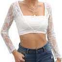 Women's Crop Top Long Sleeve Shrug Lace Short Blouse Shrug Sexy Lace Lining Cardigan Sheer Cover Up (Large, White)