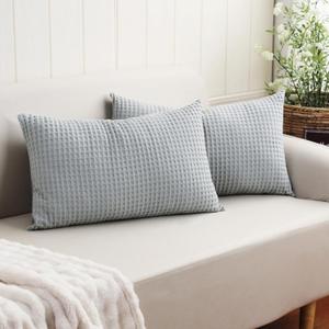 100% Egyptian Cotton 600 TC Waffle Weave Lumbar Pillow Covers 2 Pack, Ultra Soft Breathable Rectangle Throw Pillow Covers, Decorative Cushion Covers for Bed Couch Sofa Car, No Insert, Gray, 12" x 20" (Grey)