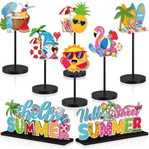 8 Pcs Summer Table Centerpieces Decor Hello Summer Freestanding Wooden Centerpieces Hawaii Table Wooden Decorations for Sunshine Beach Hawaii Party Office Kitchen Living Room Tabletop Desk Decorations