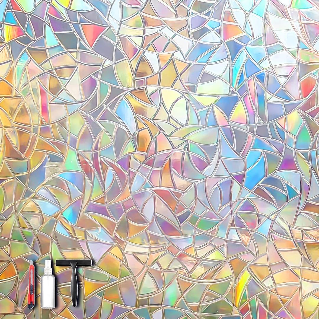 Rainbow 3D Window Privacy Stickers - Static Cling No Glue Film with Installation Tools, Anti UV Heat Block Stained Glass Look Decals Reusable for Home Glass Door Windows,29.5 x78.74 Inches