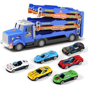 HONGTUO Toddler Truck Track Set with Lights & Sounds – 55Inch Racing Track with 6 DieCast Cars, Perfect Birthday for 3 4 5 6 7 Years Old Boys and Girls