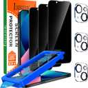 IMBZBK [Auto-Dust Removal] 3 Pack Privacy Screen Protector for iPhone 13 Anti Spy Private Accessories, Case Friendly Film, Military Grade Tempered Glass 3 Camera Lens Protector