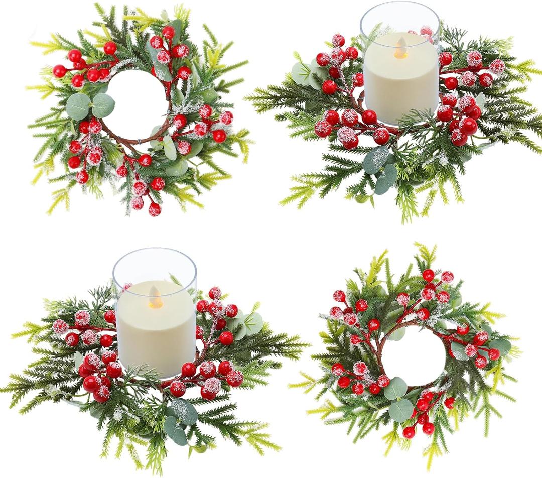 4 Pack Christmas Candle Rings Mini Wreath Artificial Candle Ring with Red Berry 2.76inch, Snowy Pine Garland Candle Ring Holder for Xmas Kitchen Cabinet Christmas Decorations Table Centerpiece