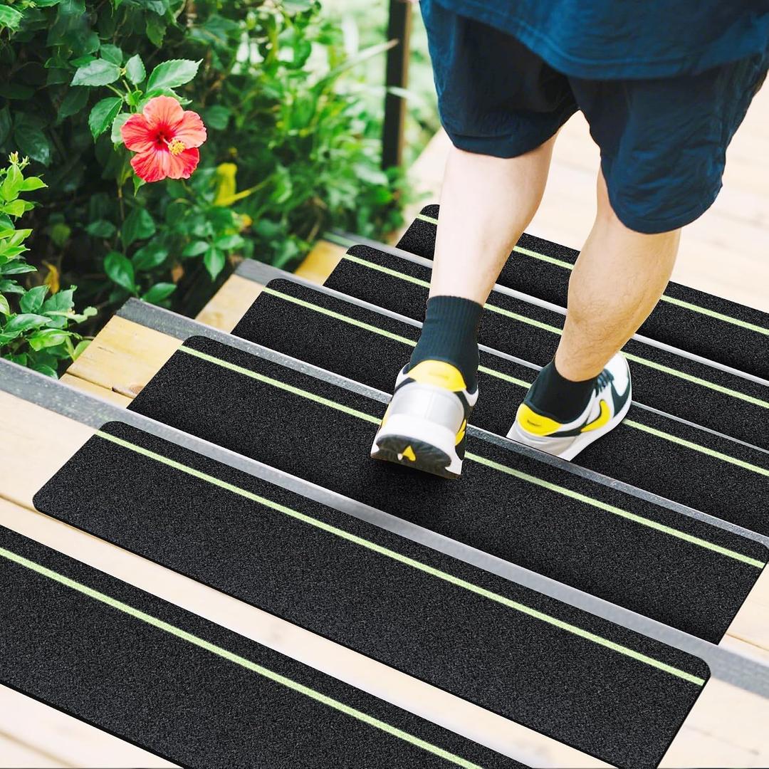 Outdoor Stair Treads Non Slip with Glow in Dark Stripe, 5.9" x 23.6" Anti Slip Tape for Wooden Steps, Non Skid Grip Tape Stripes for Stairs, Steps (15, 5.9" x 23.6" Black with Glow-in-The-Dark)