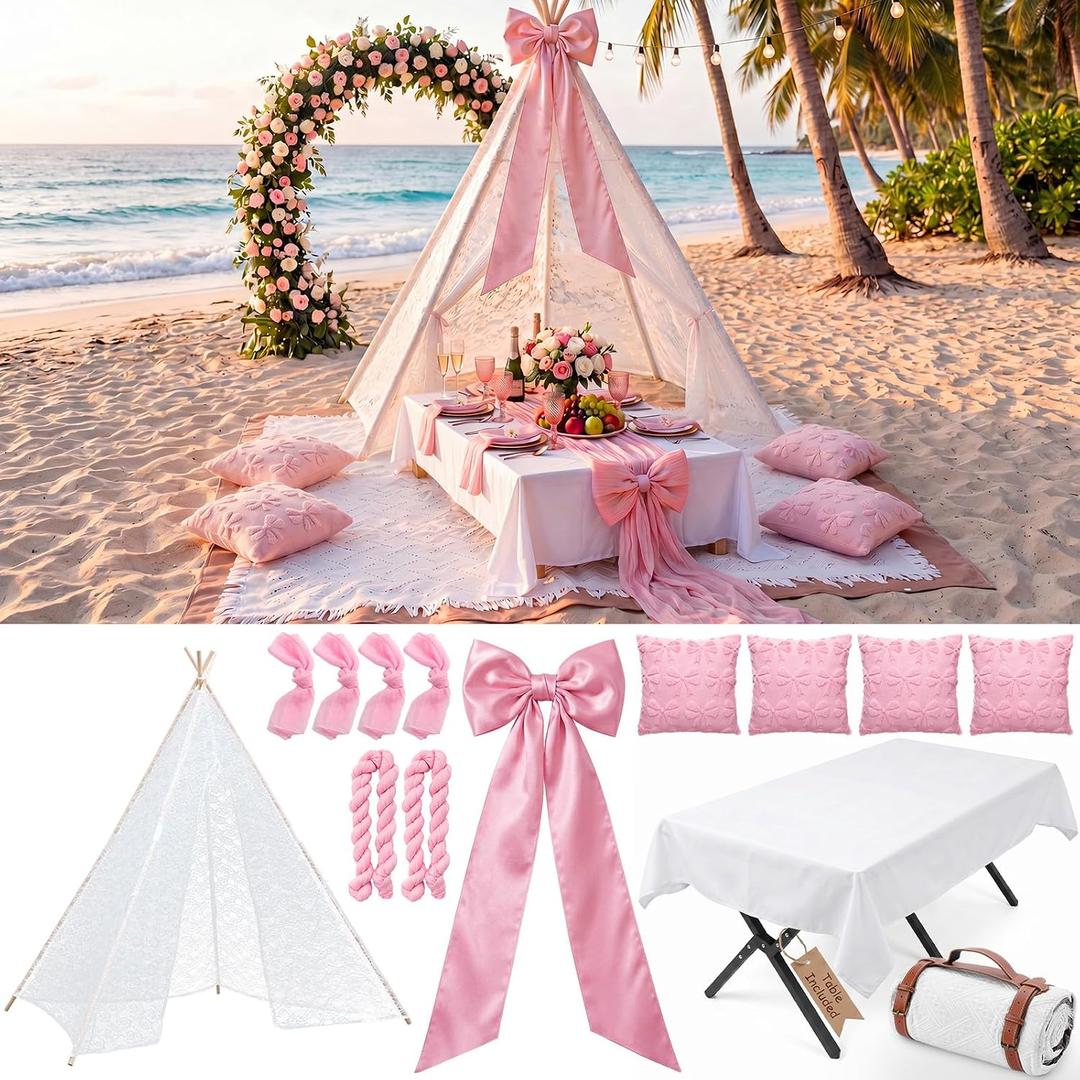 Pink Picnic Kit Oversized Boho Picnic Blanket Folding Table 4 Plush Pillow Large Satin Bow Lace Camp Tent 2 Tulle Table Runner 4 Napkins Tablecloth for Outdoor Party Wedding Baby Shower