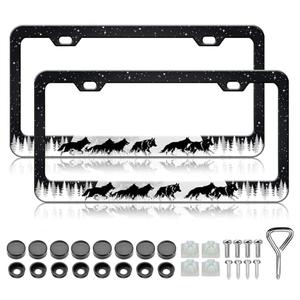 Moon Forest Wolf License Plate Frames - 2 Pack Cool Starry Sky License Plate Holder, Stainless Steel Rust-Proof Waterproof Car Decorative Tag Frame with Screws Fasteners Caps
