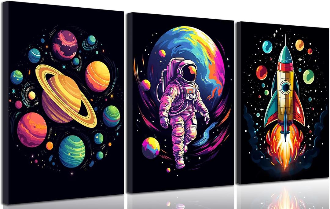 3pcs Nursery Astronaut Canvas Wall Art Abstract Colorful Galaxy Spaceman Paintings Pictures Wall Decor Planets Cosmos Rocket Posters Prints Artwork for Boys Room Kids Room Classroom Home Decoration.