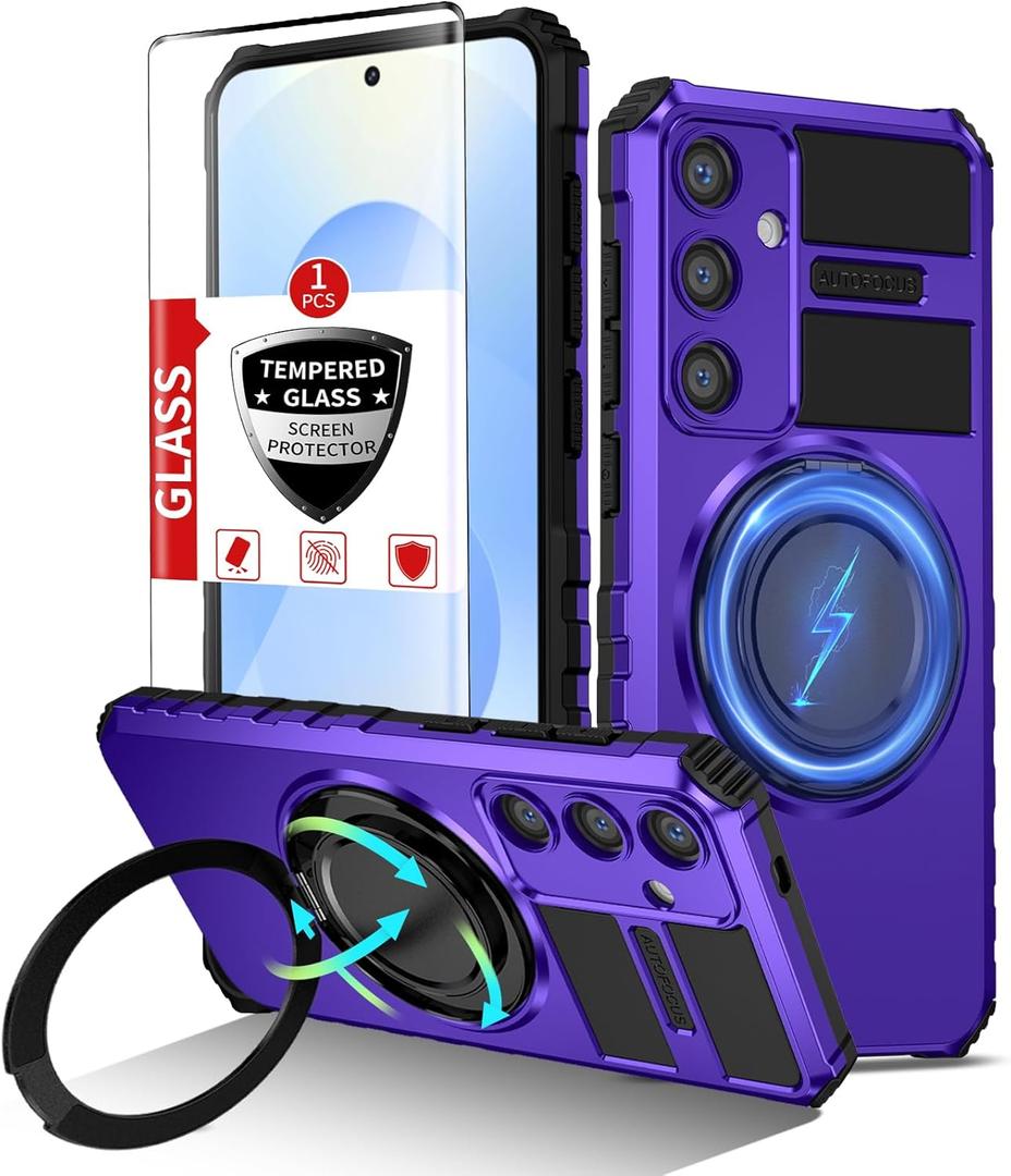 for Samsung Galaxy S25 Case Compatible Wireless Charging Magnetic,with 1 Screen Protector,for S25 Phone Case Built-in 360Kickstand Ring Military Grade Shockproof Heavy Duty Protection Purple