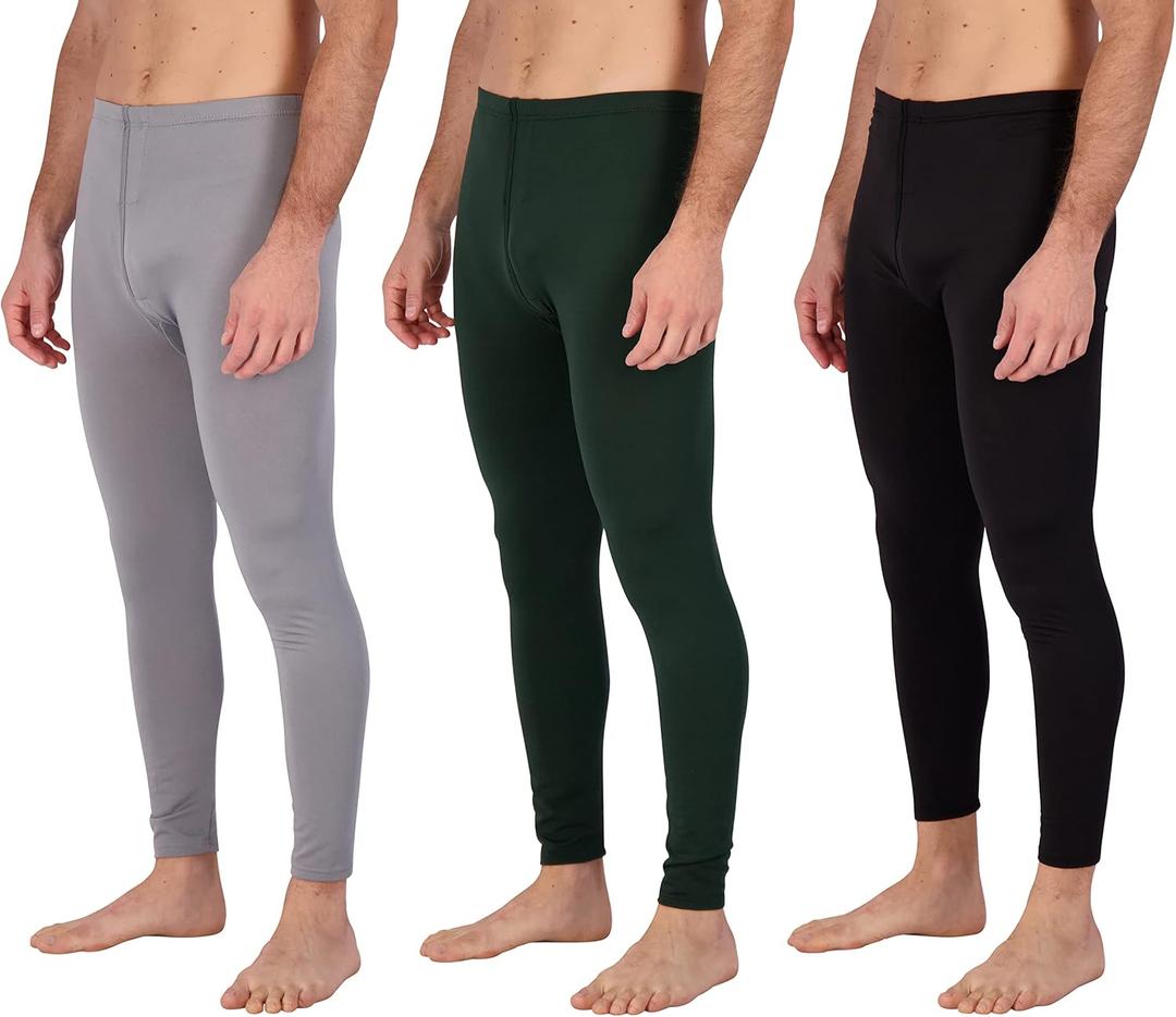 Real Essentials 3 Pack: Men's Thermal Underwear Base Layer Fleece Lined Pants with Fly - Long John Bottom(Big & Tall) (Medium)