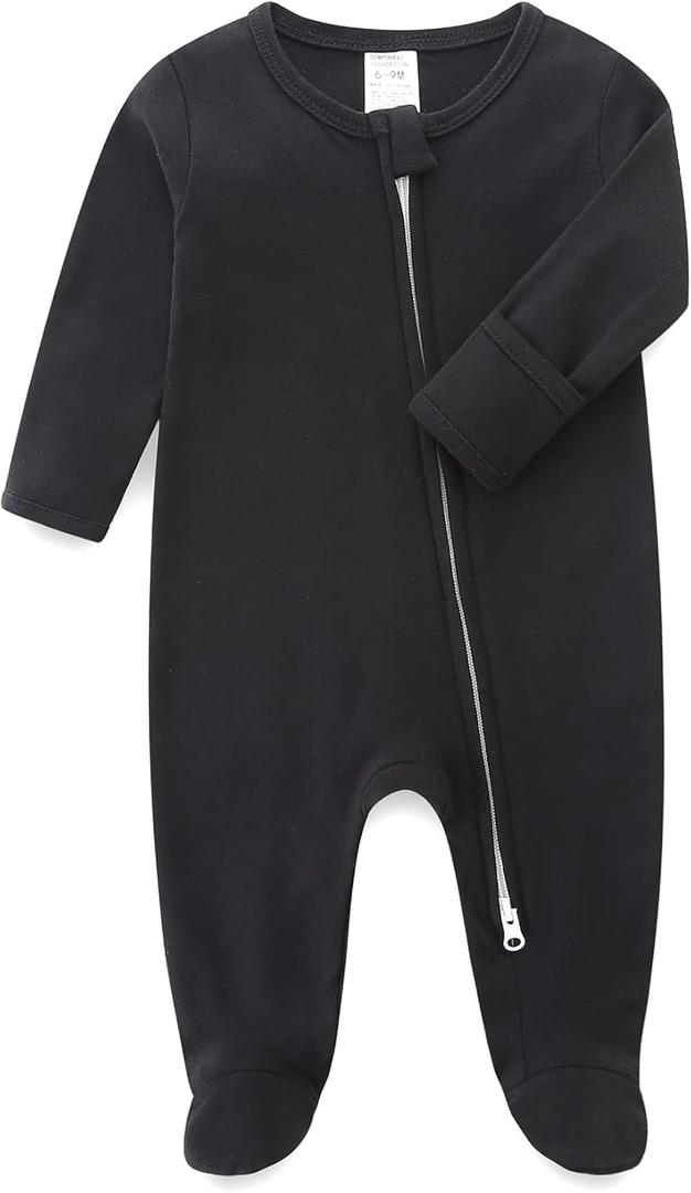 Hikido Baby Romper 100% Organic Cotton Pajamas One Piece Long Sleeve Zipper Footie Onesie for Baby (0-3 Months, Black)