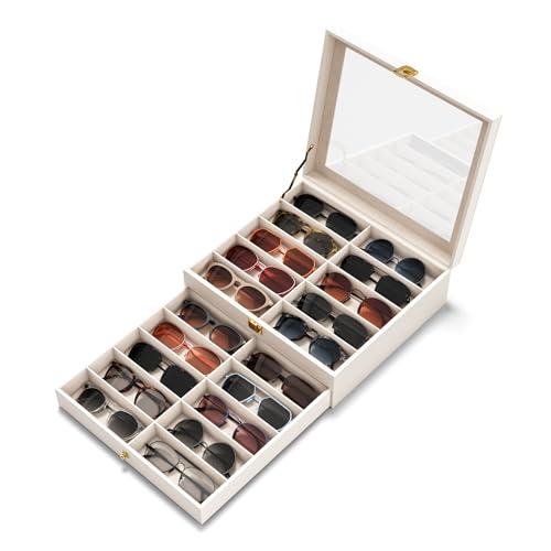 NEWLOOP Sunglasses Case Storage Organizer - Sunglass Organizer See-through Display Case Multiple Pairs Glasses Holder Stand 2-layer Eyeglass Jewelry Watch Collection Box for Women with 20 Slot White