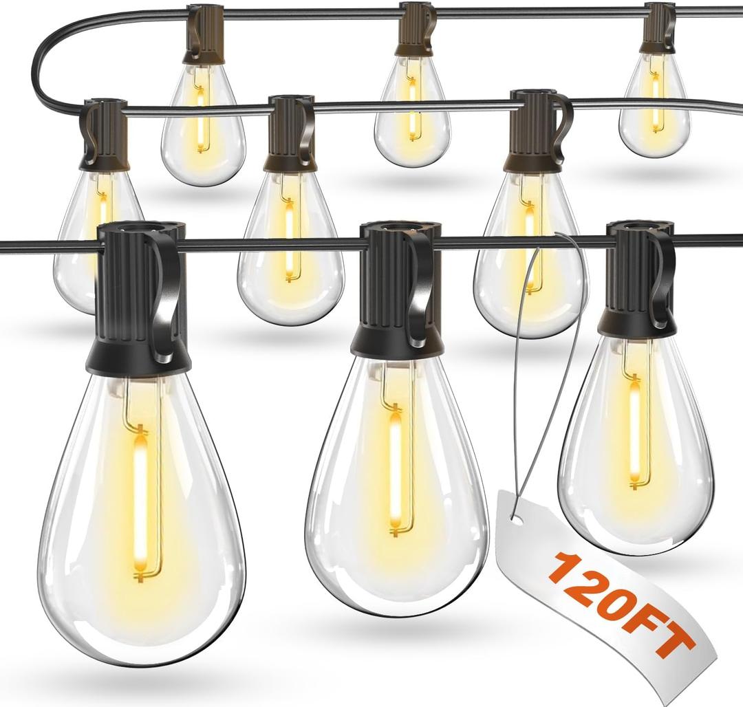 luckystyle 120FT LED Outdoor String Lights with 30+2 Edison Shatterproof Waterproof Bulbs, 2700K Commercial Grade Patio Lights, Heavy Duty Outside Hanging Outdoor Lights for Garden Porch Deck Decor