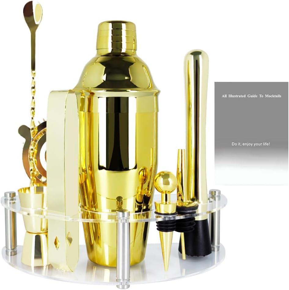 Cocktail Shaker Set with Stand, Cocktail Shaker Bartender Kit: Bar Tool Set, Drink Mixing Includes Martini Shaker,Strainer,Jigger,Bar Mixer Spoon,Muddler, Pourer, Bottle Stopper (Gold)
