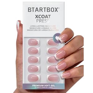 BTArtbox French Tip Press On Nails - Steadfast Vow, Lamp-Curable 4-Week Wear Pink Short Square Press On Nails with Glue and Adhesive Tabs, Easy-to-Apply in 16 Sizes - 32 Nails All-in-One Kit