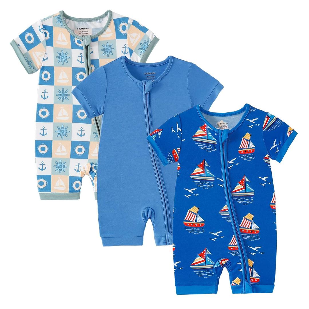 OPAWO Baby Boy Pajamas 3 Pack, 2 Way Zipper Sleepers Baby Boy Girl Romper, Toddler Summer Clothes Outfits 0-24M(Sailing/Yacht/Blue,18-24 Months)