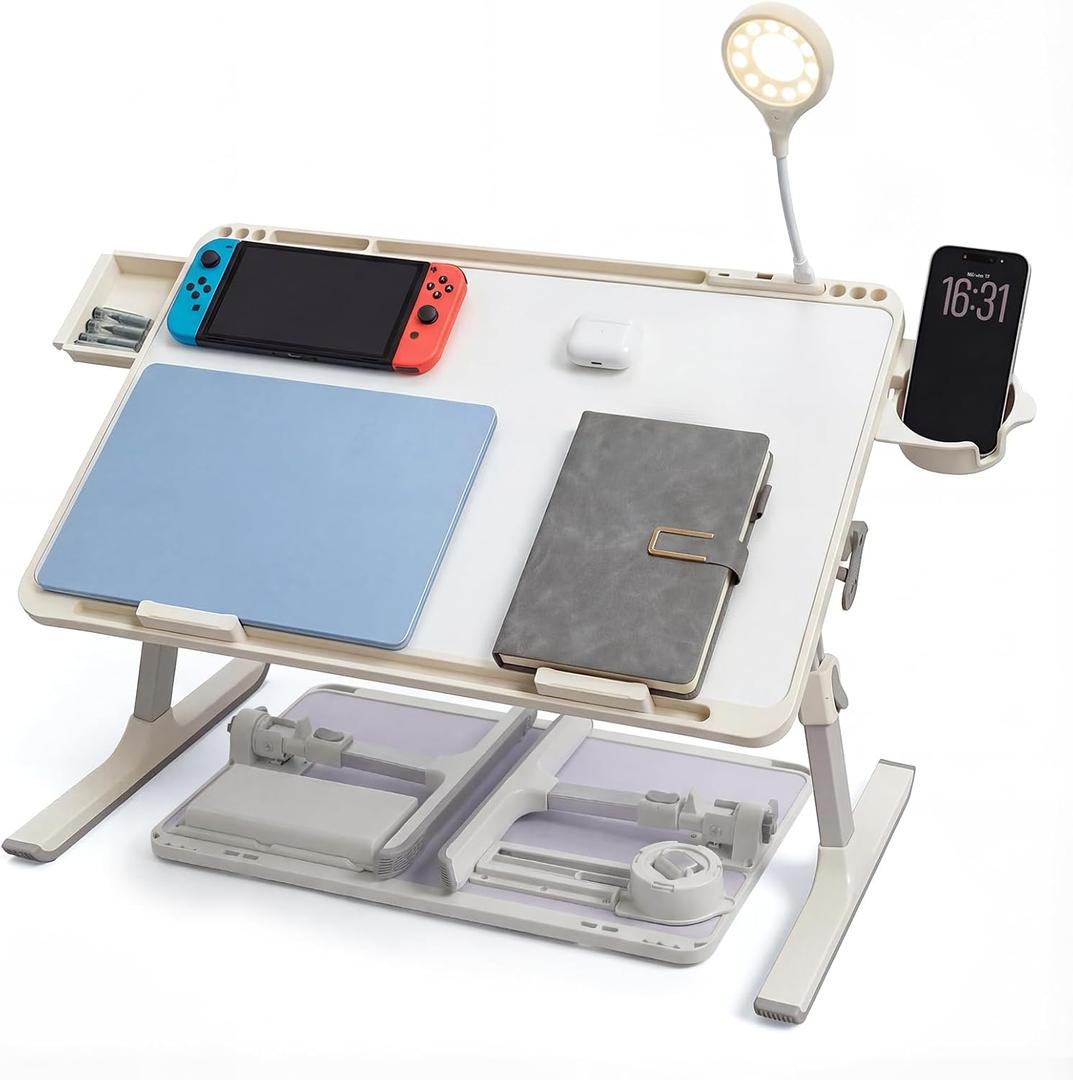 Foldable and Adjustable Laptop Bed Table with Hidden Drawer, Cup Holder, USB Voice-Controlled Night Light, White 23.6"x15.7", Suitable for Working, Gaming, and Other Uses on Bed and Sofa
