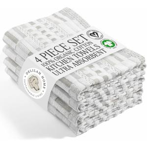 Delilah Home Sea Pines Kitchen Towels Super Soft and Comfy Kitchen Cloth Napkins Made from Organic Cotton Material for Drying, Wiping, or Cleaning White-Beige (Pack of 4)