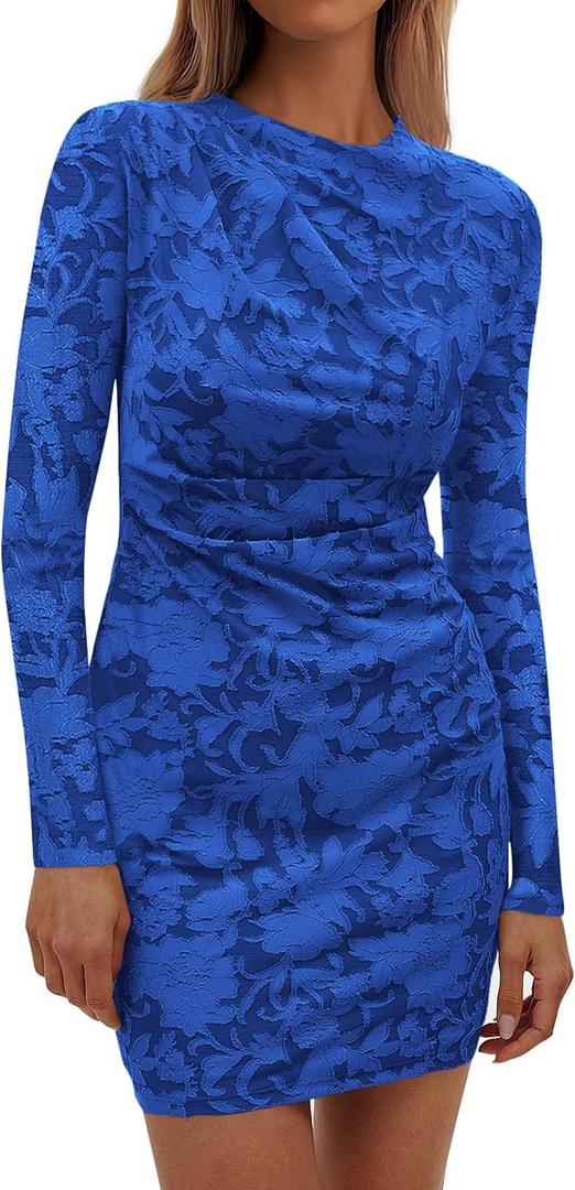 PRETTYGARDEN Women's Fall Bodycon Dresses 2026 Sexy Long Sleeve Ruched Lace Floral Mini Party Dress Tight Club Outfits (Blue, L)