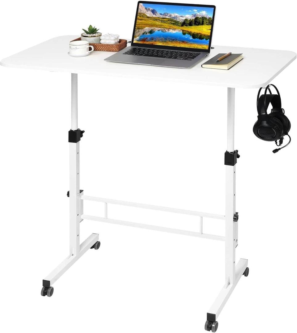 Standing Desk Adjustable Height, Rolling Walking Pad Desk, Small Mobile Table with Wheels, Portable Stand Up Table for Standing or Sitting, Size 31.5x15.7 Inch White