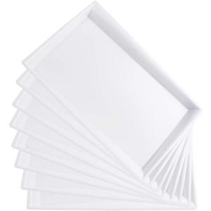 I00000 8 Pack White Plastic Serving Tray, 15" x 10" Rectangle Food Trays, Disposable Serving Platter for Parties, Internal Inclined Design Perfect for Weddings and Parties