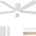 52 Inch Low Profile Ceiling Fan with Light, White Ceiling Fans with Lights and Remote, Flush Mount, 6 Speeds Reversible Quiet DC, 3CCT Dimmable, Indoor Outdoor Ceiling Fans for Patios Bedroom