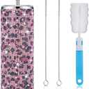 Tessco Bling Tumbler Cups Rhinestones with Straw Glitter Water Bottle Stainless Steel Straw Tumbler Insulated Bling Cup with Lid Brush for Teacher Graduation Season Gifts(20 oz,Pink Leopard Print)