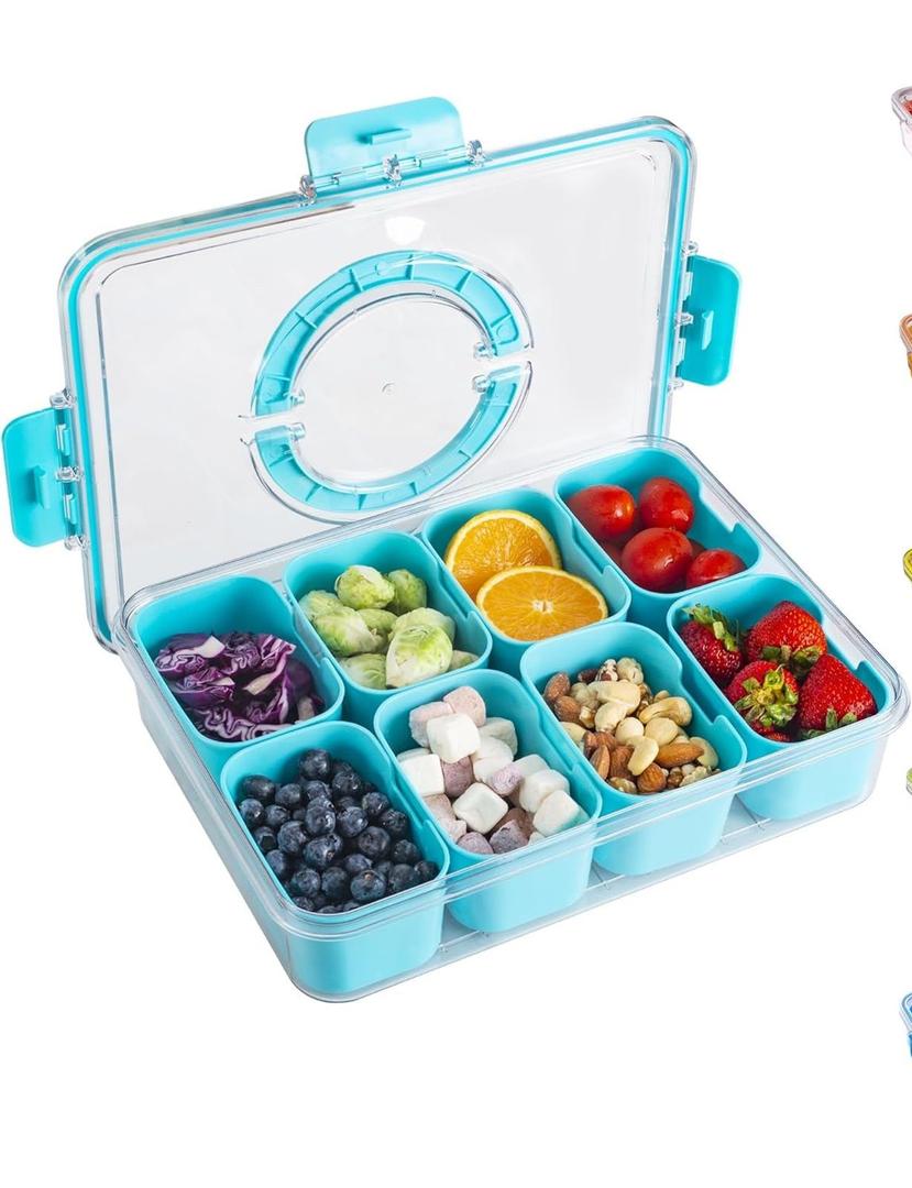 Divided Snack Serving Tray with Lid and Handle Travel Snackle Charcuterie Container Portable Storage Organizer for Candy, Fruits, Nuts, Snacks, Party, Picnic (1pack, Lake blue)