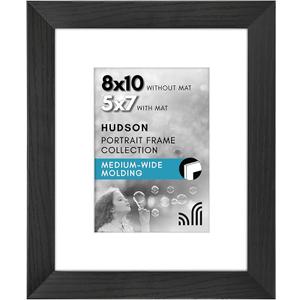 Americanflat 8x10 Picture Frame with Shatter-Resistant Glass - Use as 5x7 Frame with Mat or Display 8x10 Photo Without Mat - Hudson Collection - Wide Picture Frames for Tabletop and Wall - Black