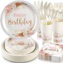 Boho Birthday Decorations for Women, Neutral Birthday Plates and Napkins Party Supplies 168Pcs, Happy Birthday Plates and Napkins Set for Boho Floral Champagne Cream Beige Party, Serve 24