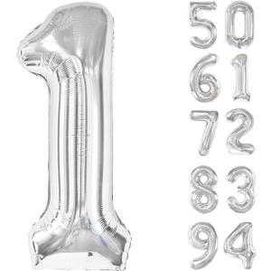 40 Inch Silver 1 Balloon for First Birthday, 1st Number Balloons Birthday Decorations for Girl Boy Kids Toddler Baby, One Giant Number 1 Balloon