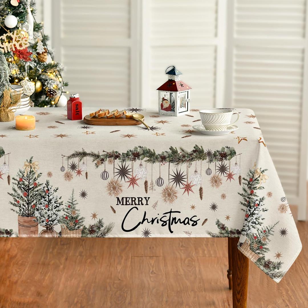 Horaldaily Christmas Tablecloth 5270 Inch Rectangular, Christmas Trees Ball Ornaments Washable Table Cover for Party Picnic Dinner Decor (Beige)