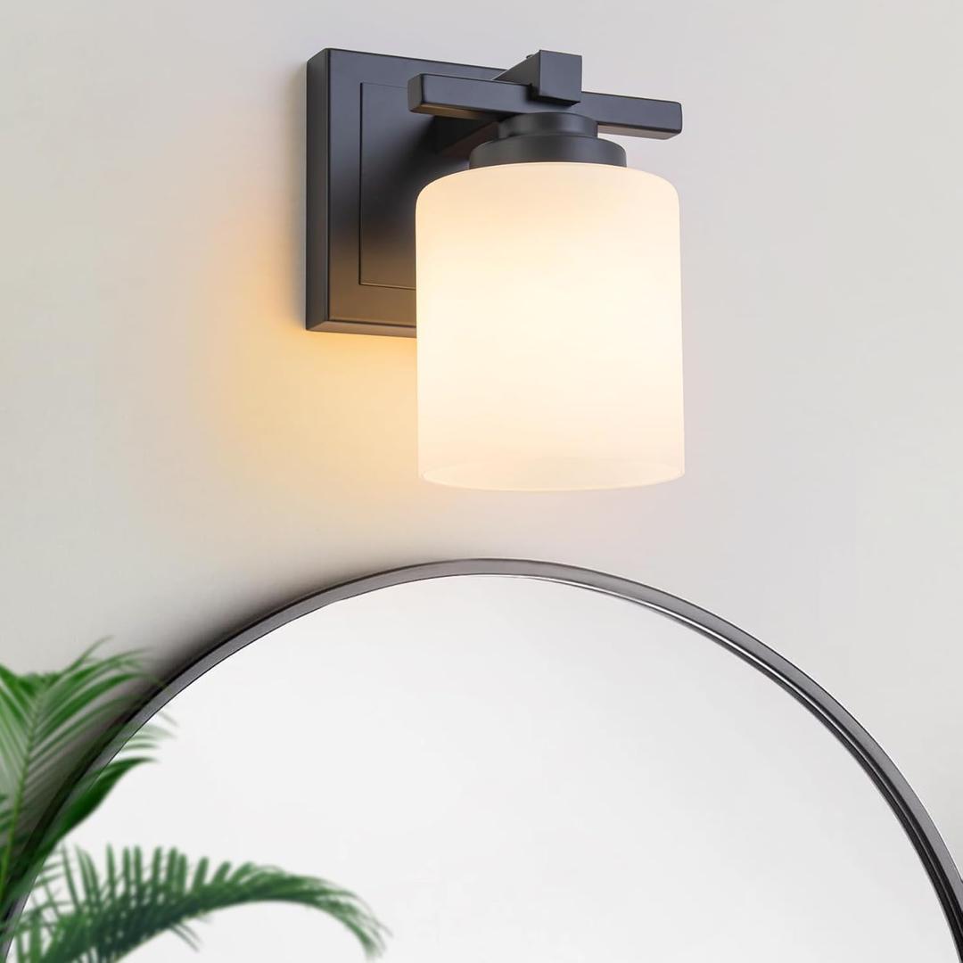 1 Light Modern Bathroom Light Fixtures Over Mirror, Black Vanity Lights for Bathroom Wall Sconces with Milky White Glass Shades, E26 Socket (Bulbs Not Included)