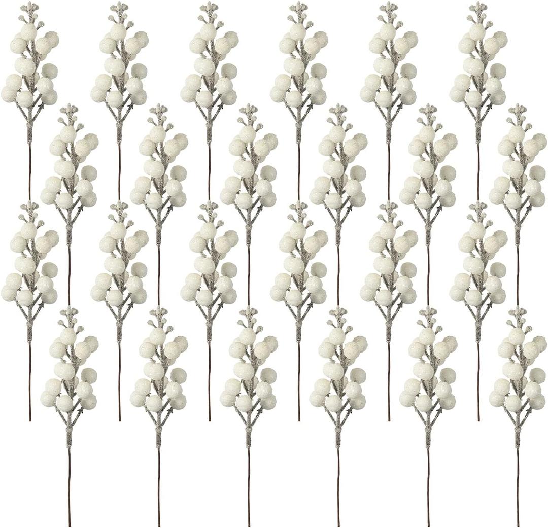 Crafare 24 Pack 7.5Inch Christmas Glitter Berries Stems Artificial Christmas Picks for Christmas Tree Ornaments, DIY Xmas Wreath, Crafts, Holiday and Home Decor, White