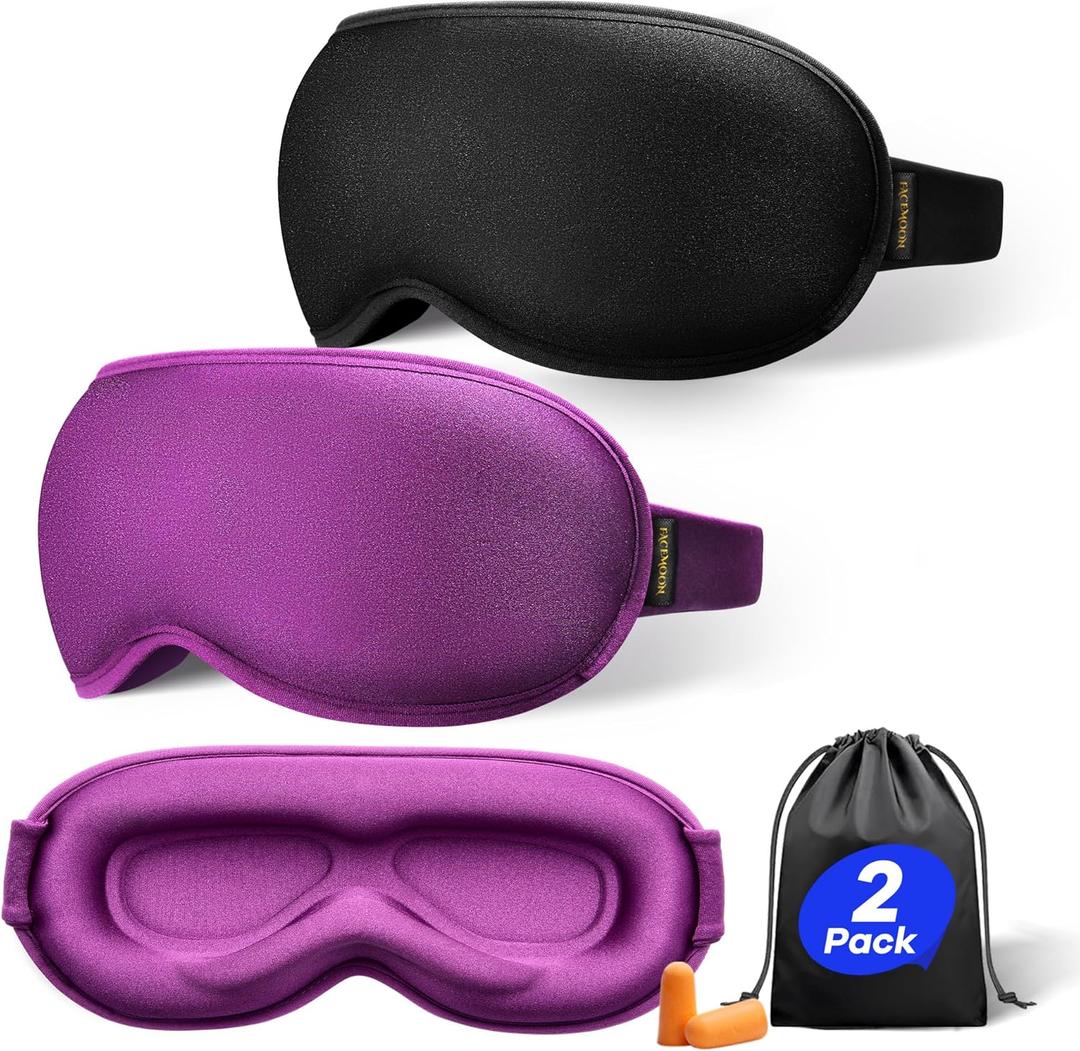 Weighted Sleep Mask 2 Pack - 3D Contoured Eye Masks for Sleep, Best Blackout Sleep Masks for Women Men, Eye Mask for Travel, Meditation, Airplane, Memory Foam, Adjustable Strap, Black Purple