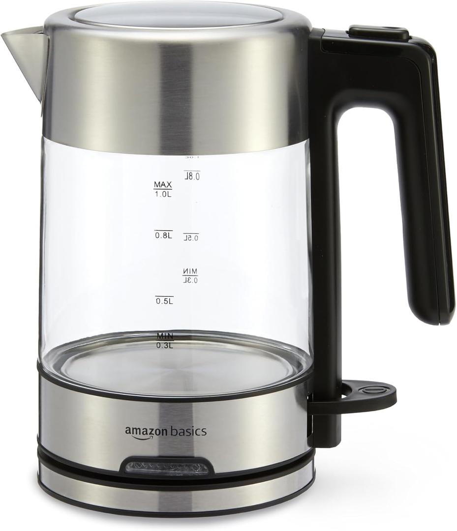 Amazon Basics Electric Kettle with Glass Carafe for Tea and Coffee, Fast Boiling, Auto Shut-Off, Boil-Dry Protection, Temperature Control, Removable Filter, 1 Liter, 1500W, BPA-Free
