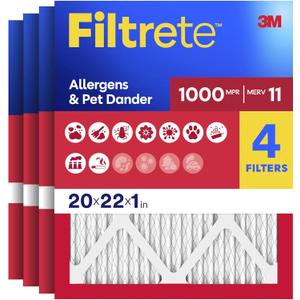Filtrete 20x22x1 Air Filter, MERV 11, MPR 1000, Allergens & Pet Dander, 3-Month AC and Furnace Filters, Cleaner Air, Reliable Airflow, 4 HVAC Filters (Actual Size 19.81 x 21.81 x 0.81 in)
