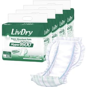 LivDry High Absorbency Pad Insert for Incontinence Briefs and Adult Diapers, Women and Men, Hyper 1600 (120 Count)