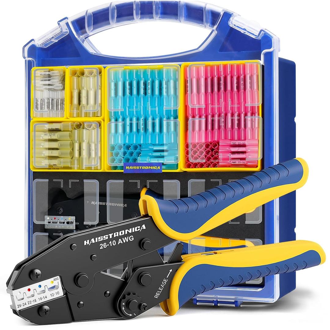 haisstronica 340PCS Heat Shrink Butt Connectors Set, 9" Wire Crimper | Full-Cycle Ratchet, Adhesive-Lined Sleeves, 4 Sizes, Clear Lid, Removable Bins, Automotive Wiring