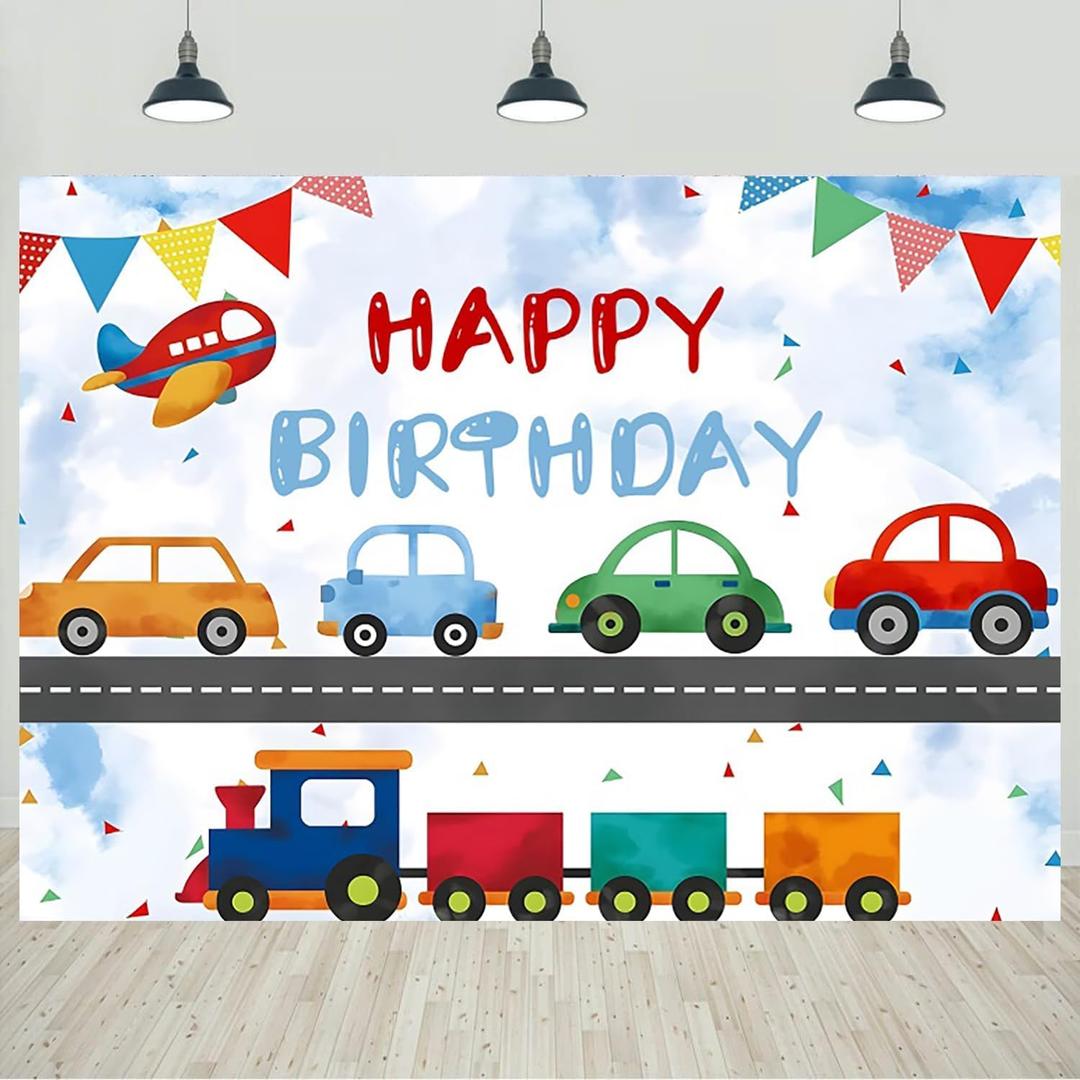 10x8ft Transportation Birthday Backdrop Cartoon Cars Train Boy Birthday Party Photography Background for Kids Boys Birthday Decorations Portraits Banner Photo Studio Props