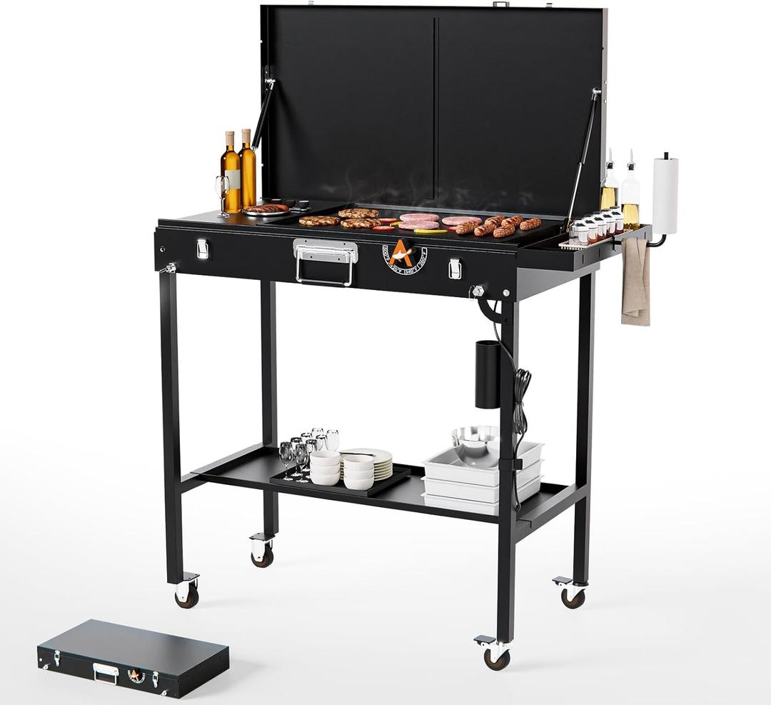  2-in-1 Outdoor Table & Electric Grill, Portable Grill with Nonstick Cooking Surface for Outdoor Kitchen & Backyard Barbecue Cooking, 33.07"D x 20.67"W x 6.5"H