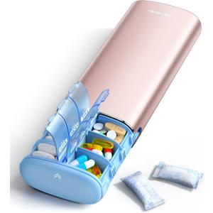 Vaydeer Metal 7 Day Pill Organizer 2 Times a Day – AM PM Weekly Travel Pill Case with Moisture-Proof Desiccant, Airtight Large Capacity Pill Box for Vitamins, Medications & Supplements (Rose Gold)