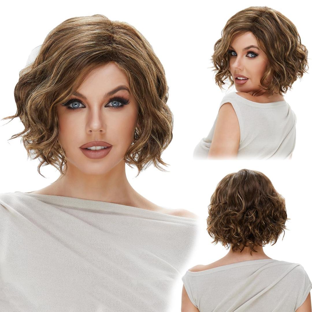 Short Ombre Brown Wavy Wigs Human Hair, Shoulder Length with Blonde Highlights, Breathable Heat Resistant Lightweight for Daily and Party Use (12")