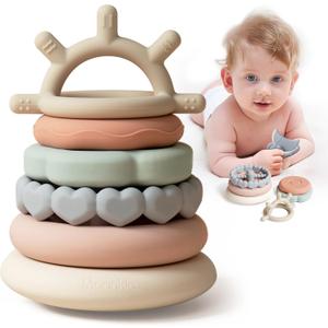 Moonkie Stacks of Circles Soft Teething Toy | Educational Learning Baby Toy | Stacking Ring Toys for Babies Boy and Girl | 7 Piece Teethers Set (multicolored)