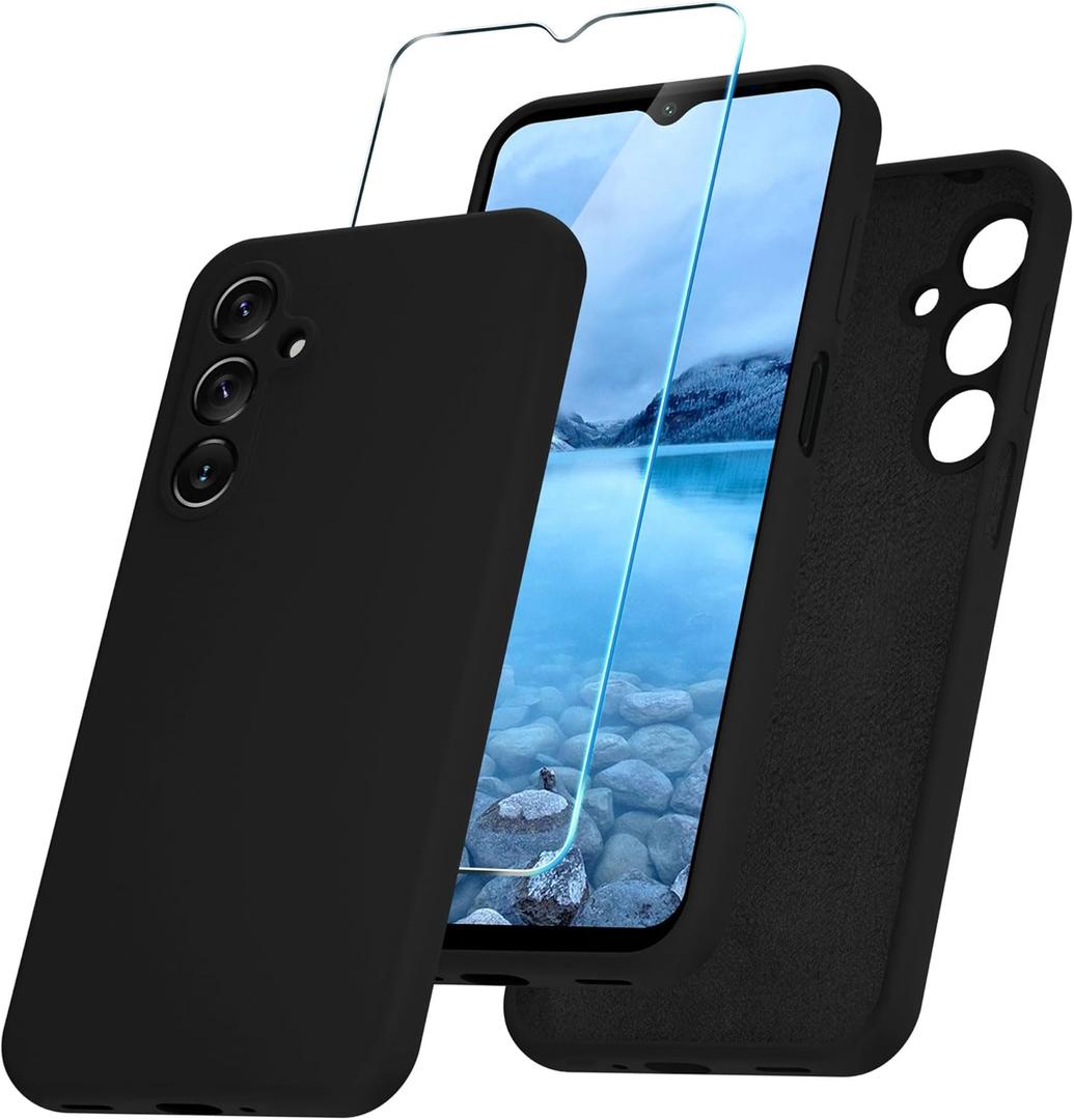 YENAPOON for Samsung Galaxy A16 5G Case, Silicone Phone Case with 1 Screen Protector, Soft Anti-Scratch Microfiber Lining, Full Body Shockproof Slim Cover, Black