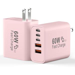 USB C Charging Blocks, 60W USBC Wall Fast Charger Block, Type C Phone USB C Charger Fast Charging Brick, 5-Port Multiport Charger Plug Power Adapter for Phone 17/16/15/14/13 Pro Max, Pad, S25-Pink