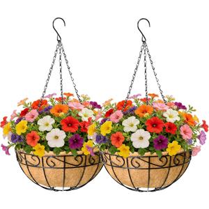 EIMQUVW 2 Pack Outdoor Patio Hanging Baskets 12 Inch Chain Link Round Metal Hanging Planters with Coco Liner Wire Flower Pots Suitable for Balconies Porches Gardens and Windowsills (Lacework)