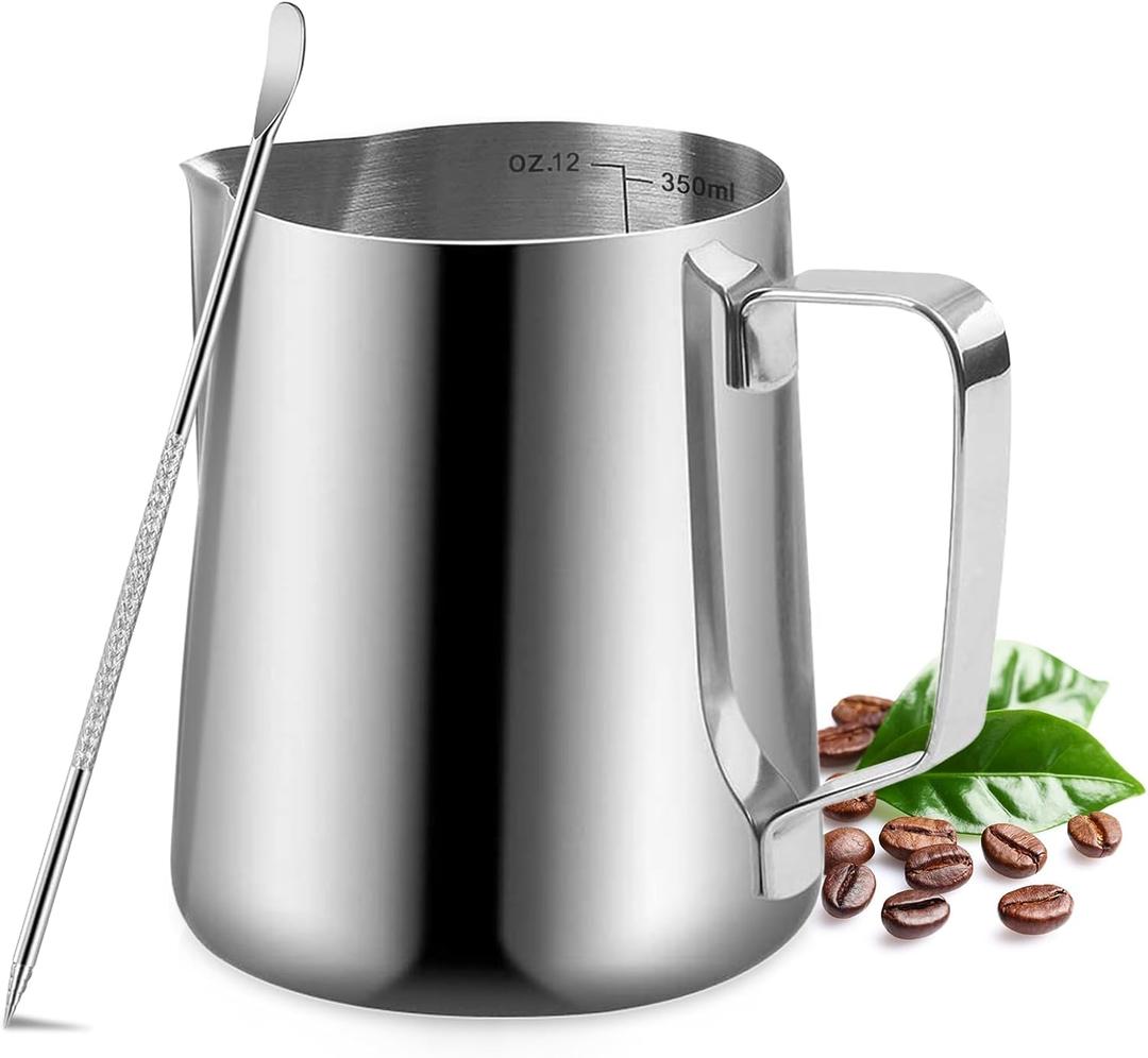 Milk Frothing Pitcher, 350ml/12oz Milk Frother Cup Stainless Steel Jug Steaming Pitcher, Milk Coffee Cappuccino Latte Art Barista Steam Pitchers Milk Jug Cup with Decorating Pen (Silver)