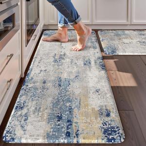 LEEVAN Anti Fatigue Kitchen Mats, Multi Blue Kitchen Rugs 20"x32"+20"x47", Non-Slip Waterproof Kitchen Floor Mats, Colorful Comfort Mats for Kitchen Floor, Sink, Laundry, Office